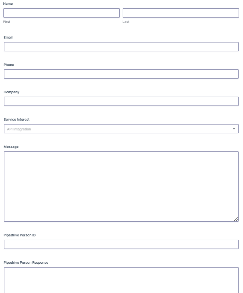 Gravity Forms Pipedrive integration form fields with name, email, phone, company, service interest, and message