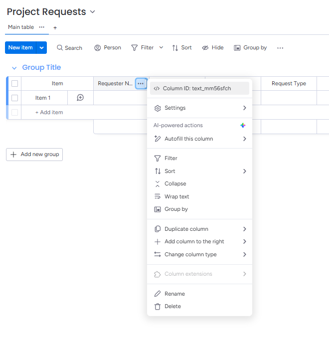 monday.com Developer Mode showing a column ID for API mapping