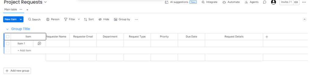 monday.com Project Requests board with columns for Gravity Forms submissions