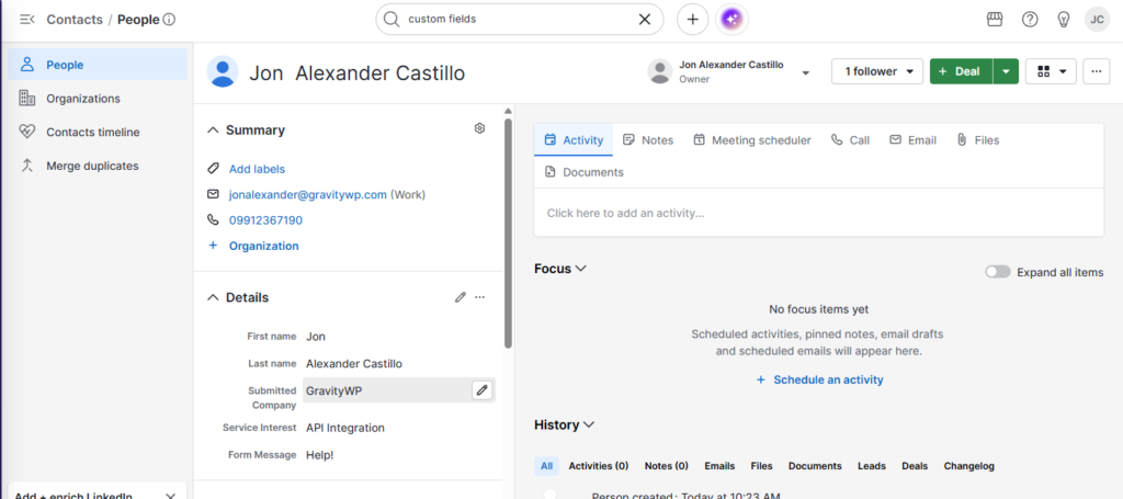 Pipedrive contact showing custom fields sent from Gravity Forms