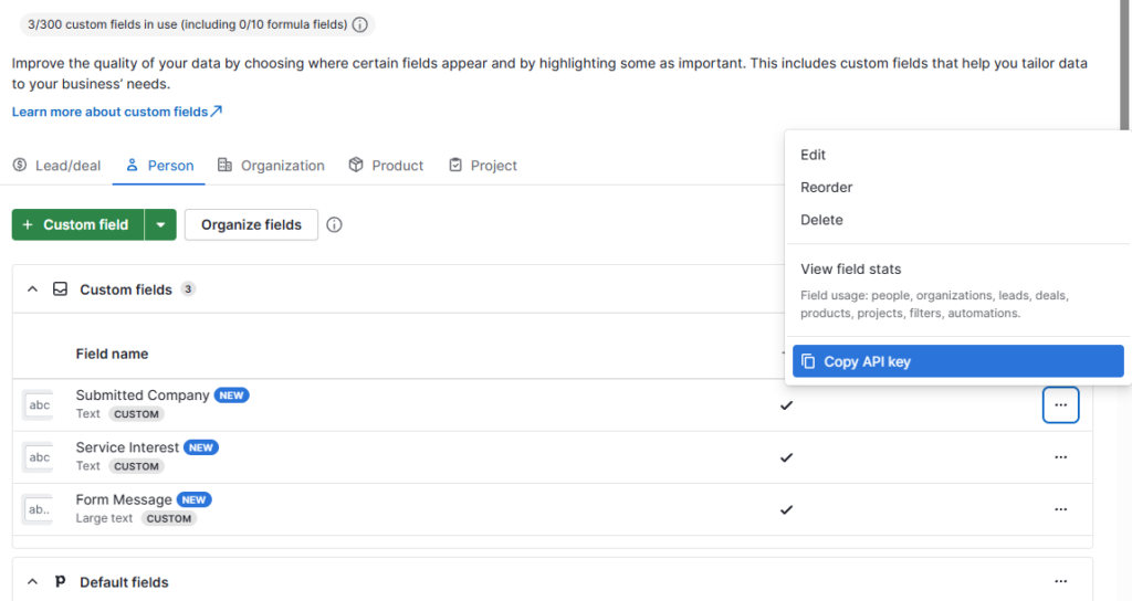 Copy API key option for a Pipedrive custom Person field