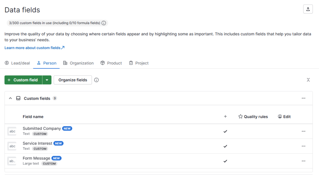 Pipedrive custom Person fields for Submitted Company, Service Interest, and Form Message