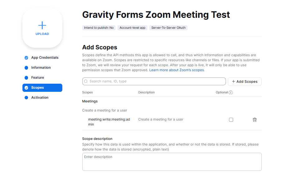 Zoom create meeting scope selected for a Gravity Forms Zoom integration
