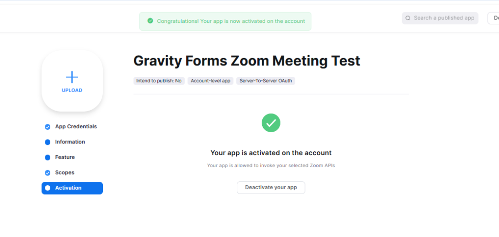 Zoom Server-to-Server OAuth app activated for a Gravity Forms Zoom integration