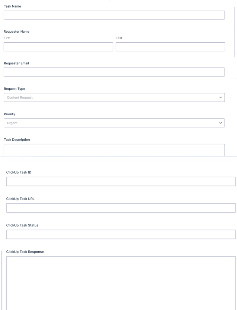 Gravity Forms ClickUp task request form with task fields and ClickUp response fields