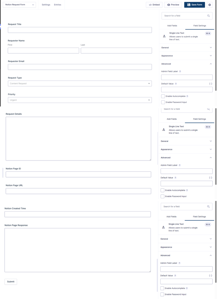 Gravity Forms Notion request form with form fields and Notion response storage fields