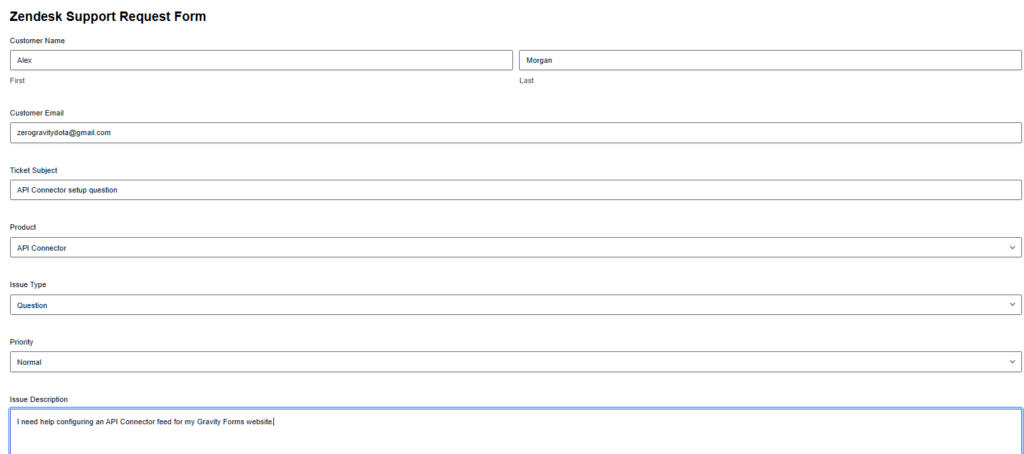 Gravity Forms Zendesk support request form with customer, ticket type, priority, and issue fields