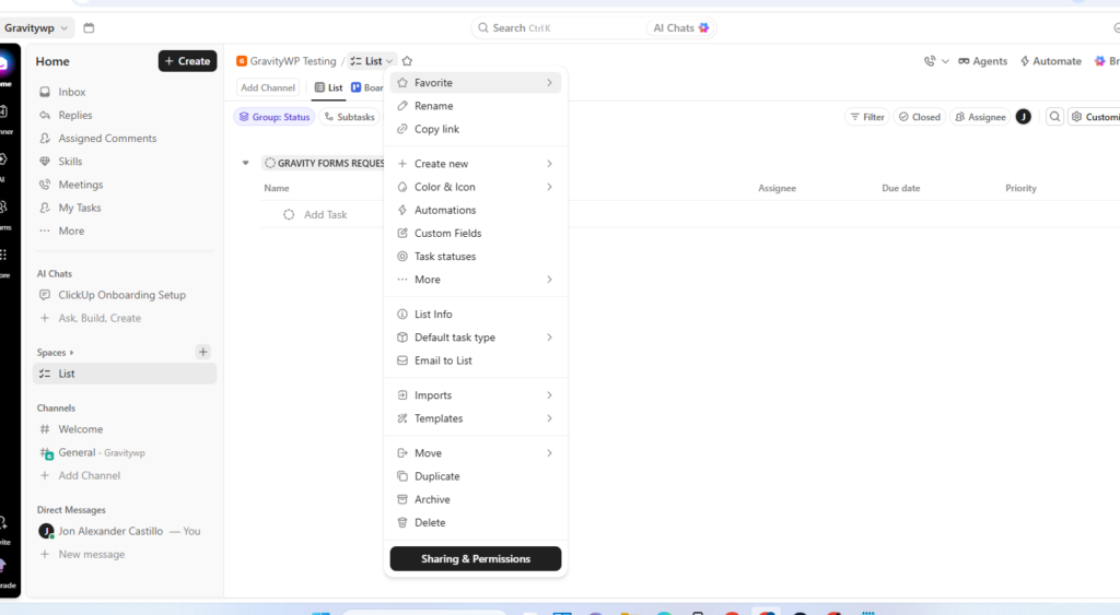 ClickUp List menu showing the Copy link option used to find the List ID