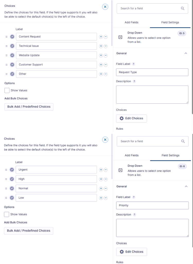 Gravity Forms Request Type and Priority dropdown options for Notion integration with Show Values disabled
