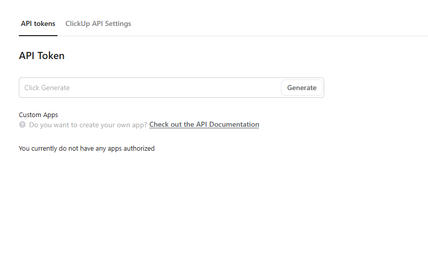 ClickUp API token settings with Generate button for a Personal API Token