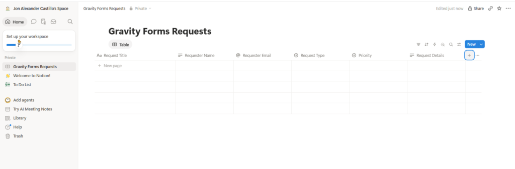 Notion Gravity Forms Requests database with matching request properties
