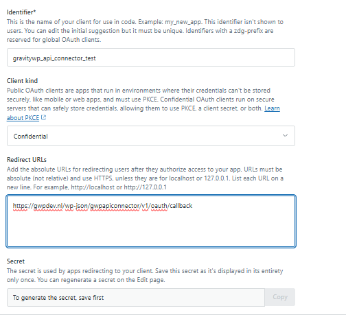 Zendesk OAuth client configured for GravityWP API Connector with confidential client and redirect URL