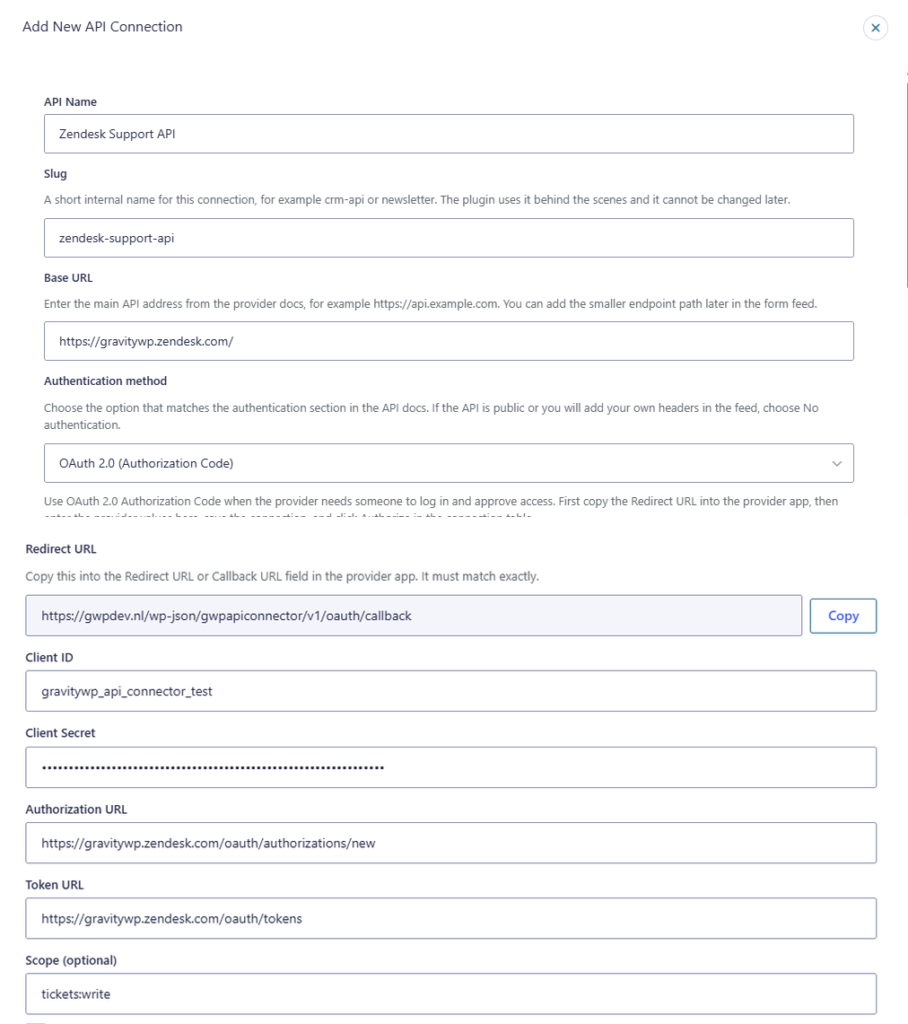 GravityWP API Connector Zendesk OAuth 2.0 connection settings with authorization and token URLs