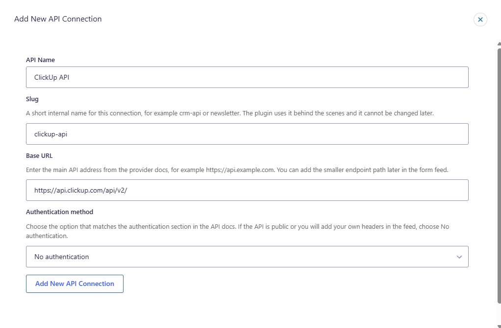 GravityWP API Connector settings for connecting Gravity Forms to the ClickUp API