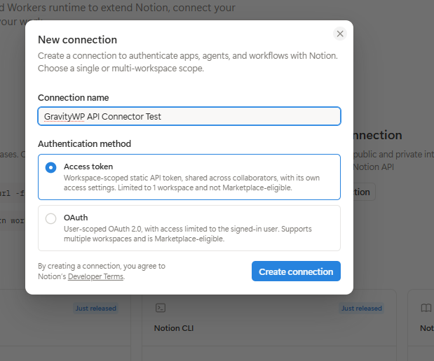 Notion internal connection setup using Access token authentication for GravityWP API Connector