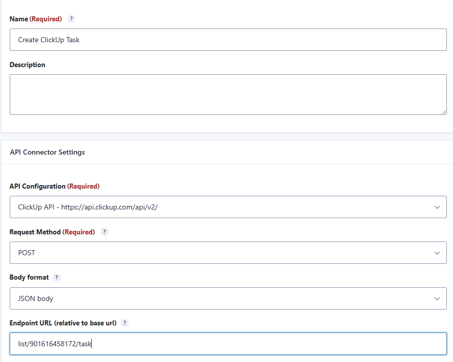 Gravity Forms ClickUp API Connector feed using POST JSON body and Create Task endpoint