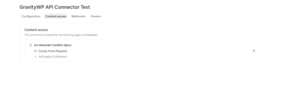 Notion connection content access granted to Gravity Forms Requests database