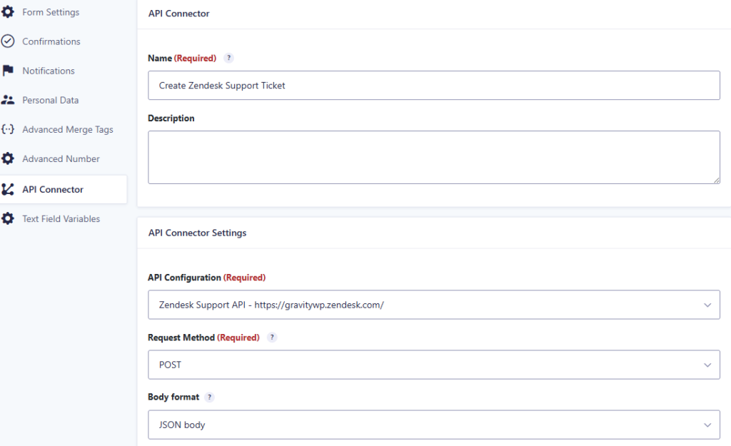 Gravity Forms Zendesk API Connector feed configured with POST request and JSON body