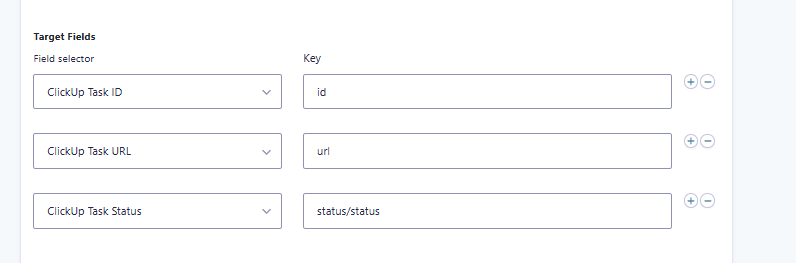 API Connector maps the returned ClickUp task ID, URL, and nested status value back into the original Gravity Forms entry.