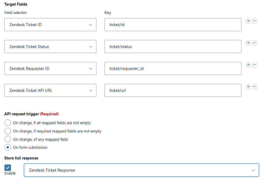 Zendesk ticket response fields mapped back to Gravity Forms with full API response storage enabled