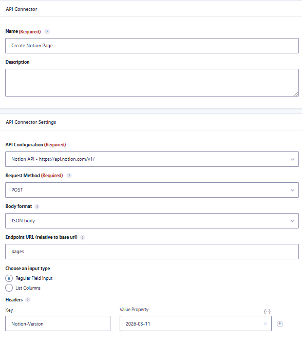 GravityWP API Connector Create Notion Page feed using POST JSON body
