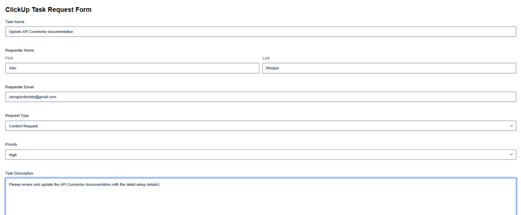 Gravity Forms ClickUp integration test submission with Content Request and High priority