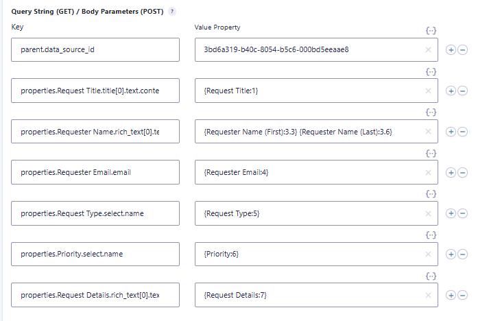 Gravity Forms fields mapped to Notion database properties using nested JSON paths
