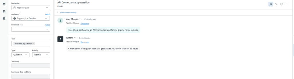 Zendesk support ticket created from Gravity Forms via API with Question type and Normal priority