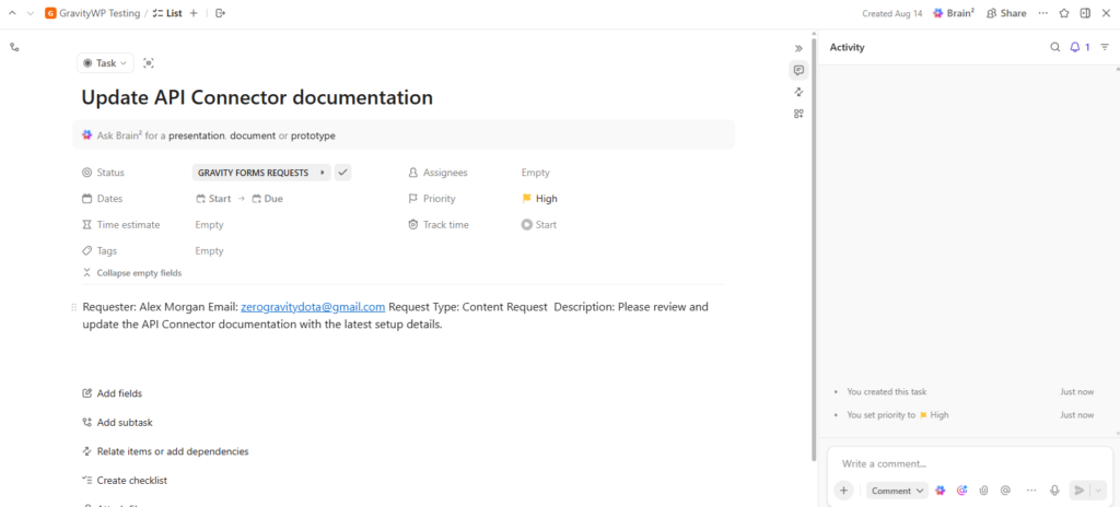 ClickUp task created from Gravity Forms with High priority and requester details