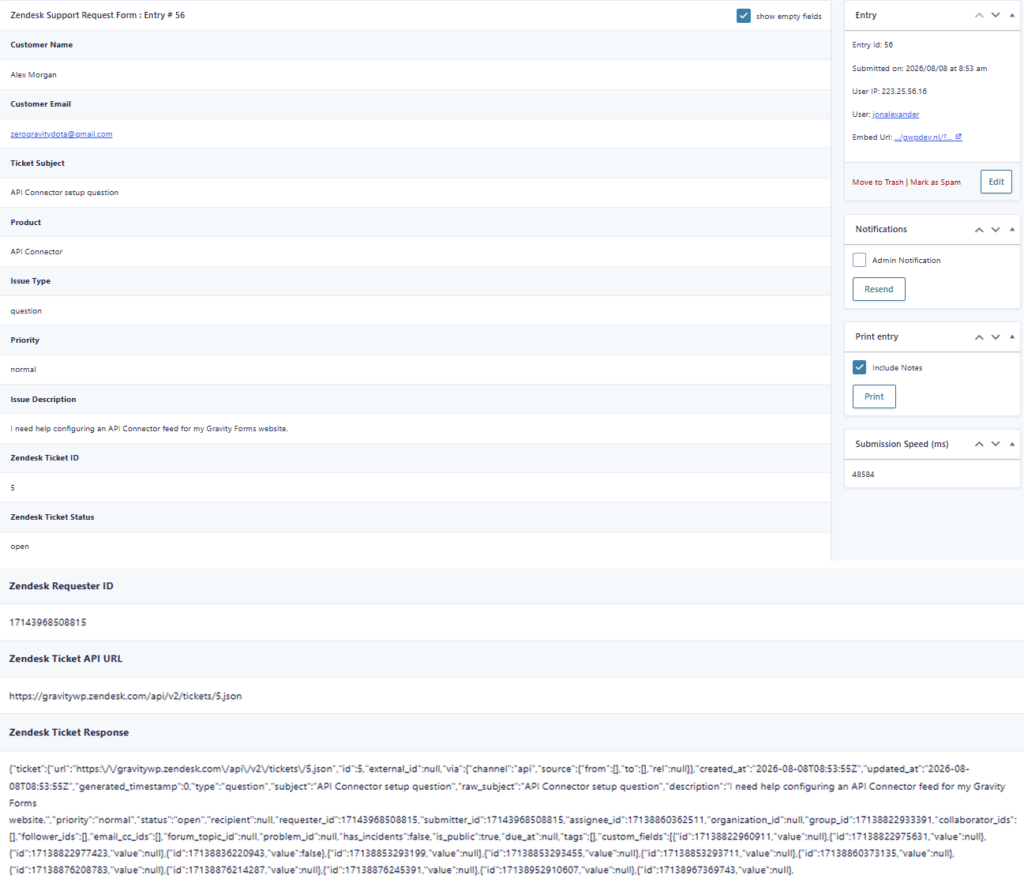 Gravity Forms entry showing Zendesk ticket ID status requester ID API URL and response data