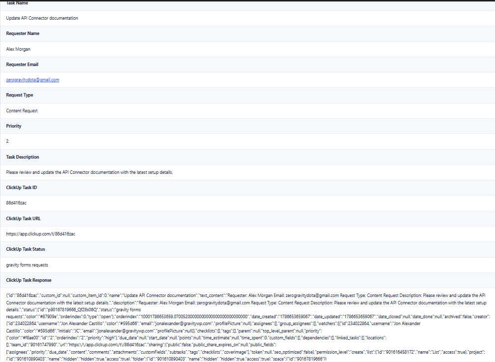 Gravity Forms entry showing returned ClickUp task ID URL status and full API response
