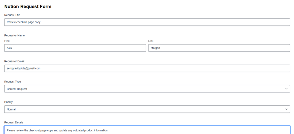 Gravity Forms Notion integration test with Content Request and Normal priority