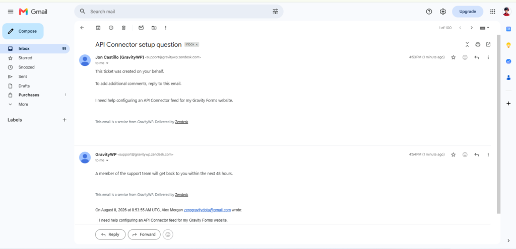 Zendesk requester email notification sent after Gravity Forms support ticket creation
