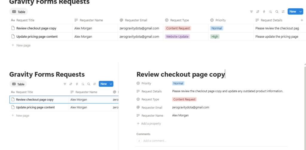 Notion database page created automatically from a Gravity Forms submission