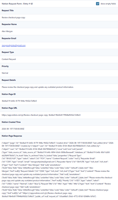 Gravity Forms entry showing returned Notion Page ID URL Created Time and API response