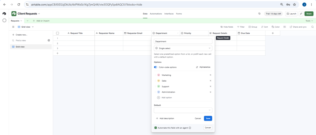 Airtable Department single select field with Marketing, Sales, Support, and Administration options