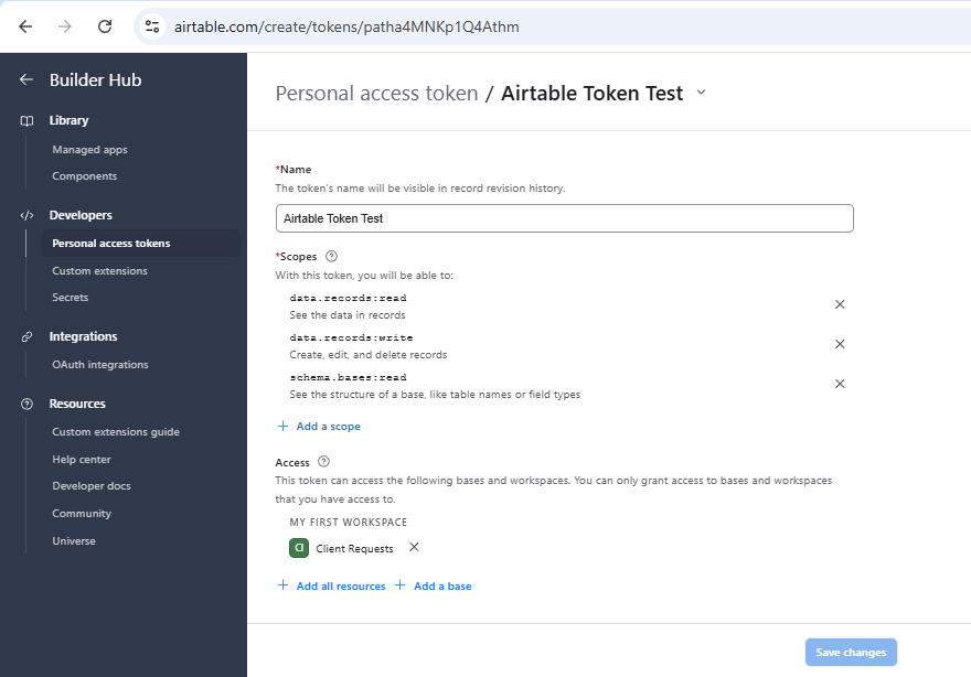 Airtable Personal Access Token with record read, record write, and base schema read scopes for the Client Requests base