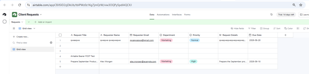 Airtable record created from a Gravity Forms submission with requester, department, priority, details, and due date data