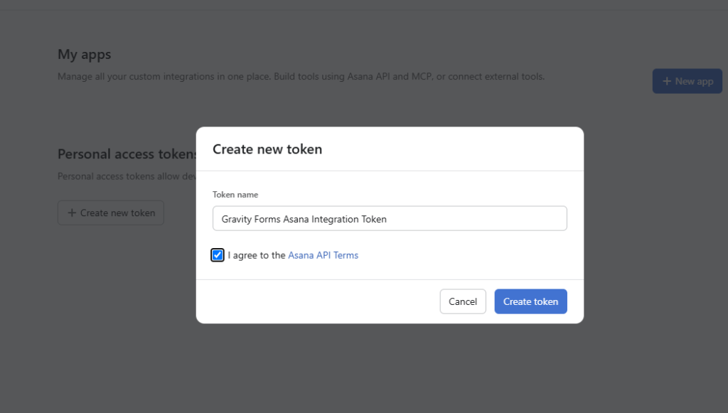 Asana developer console creating a Personal Access Token for Gravity Forms integration