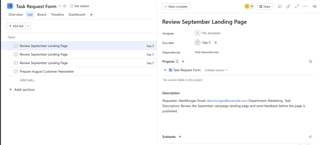 Asana task automatically created from a Gravity Forms submission with due date and requester details