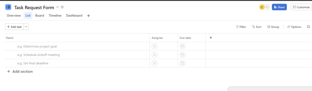 Asana Task Request Form project created for Gravity Forms submissions