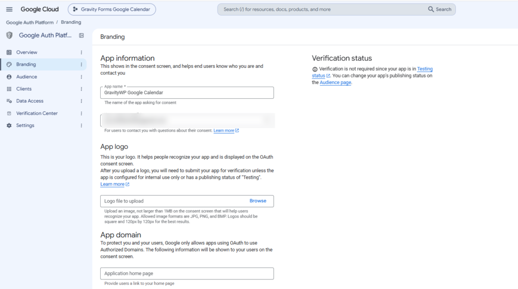 Google Auth Platform branding settings for the Gravity Forms Google Calendar integration.