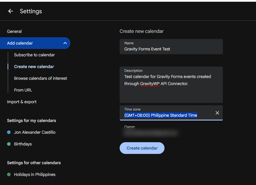 Google Calendar create new calendar screen with Philippine Standard Time for a Gravity Forms integration.