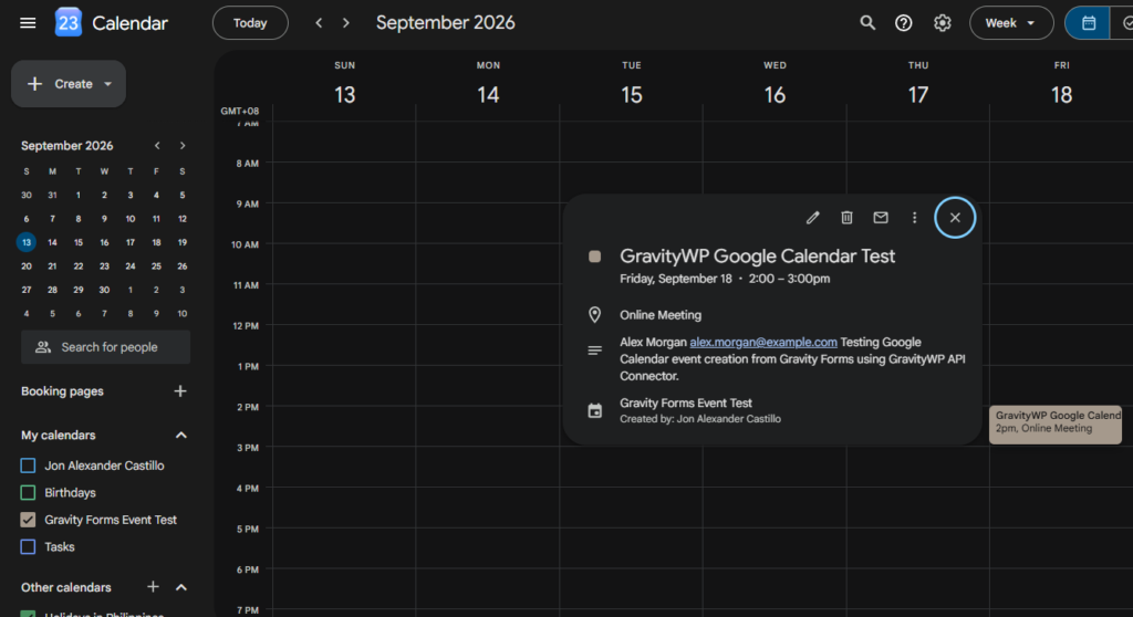 Google Calendar event created from a Gravity Forms submission using GravityWP API Connector.