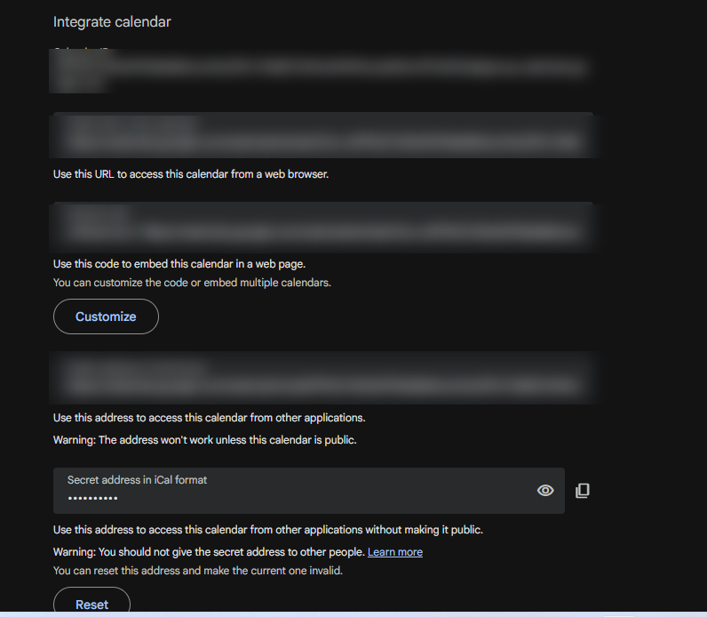 Google Calendar ID shown in the Integrate calendar settings for a Gravity Forms integration.