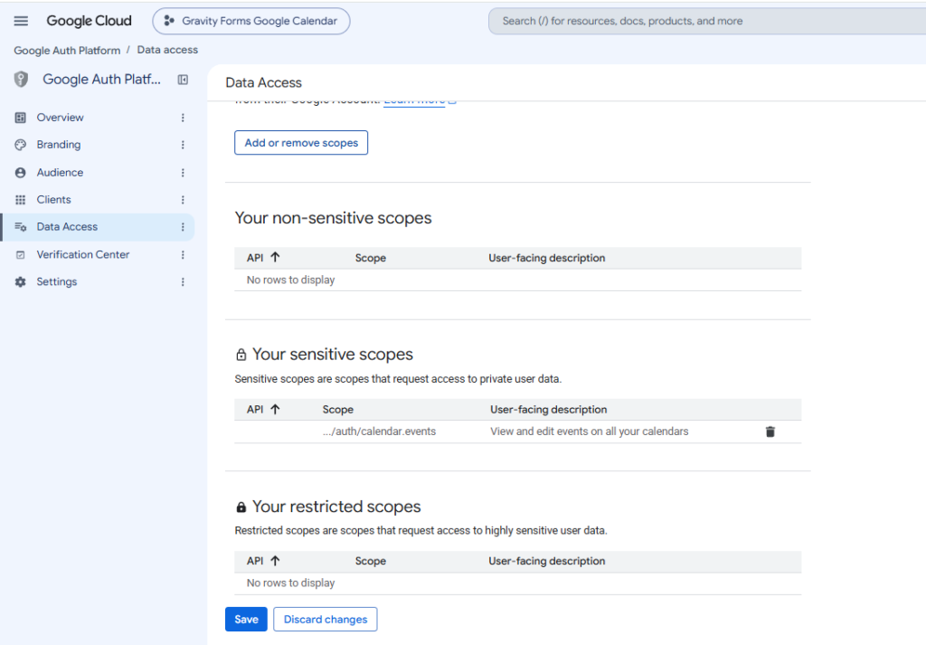 Google Calendar events OAuth scope selected in Google Auth Platform Data Access.