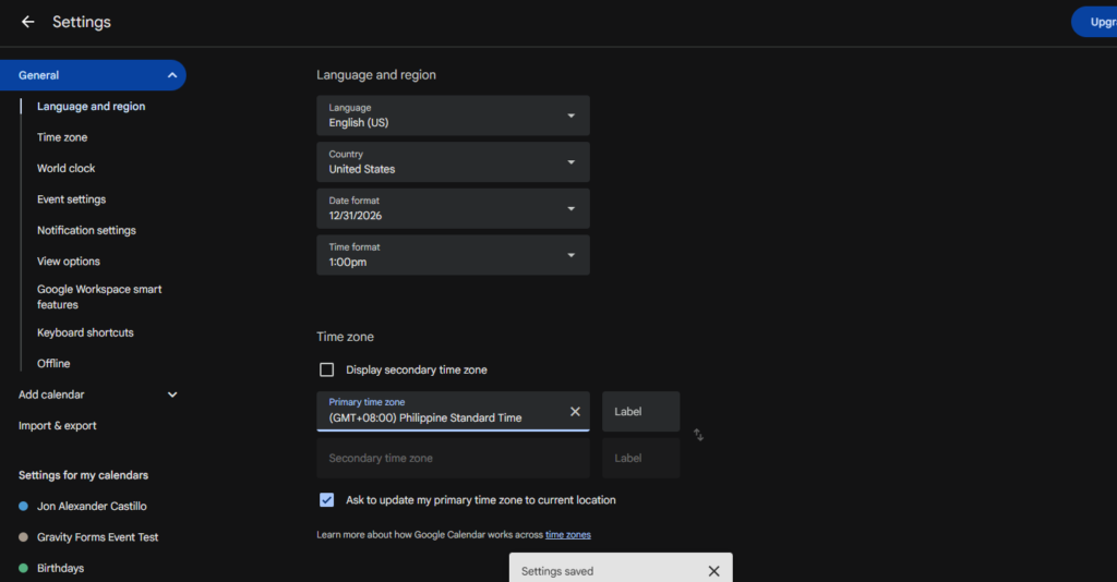 Google Calendar primary time zone set to Philippine Standard Time for the tested event.