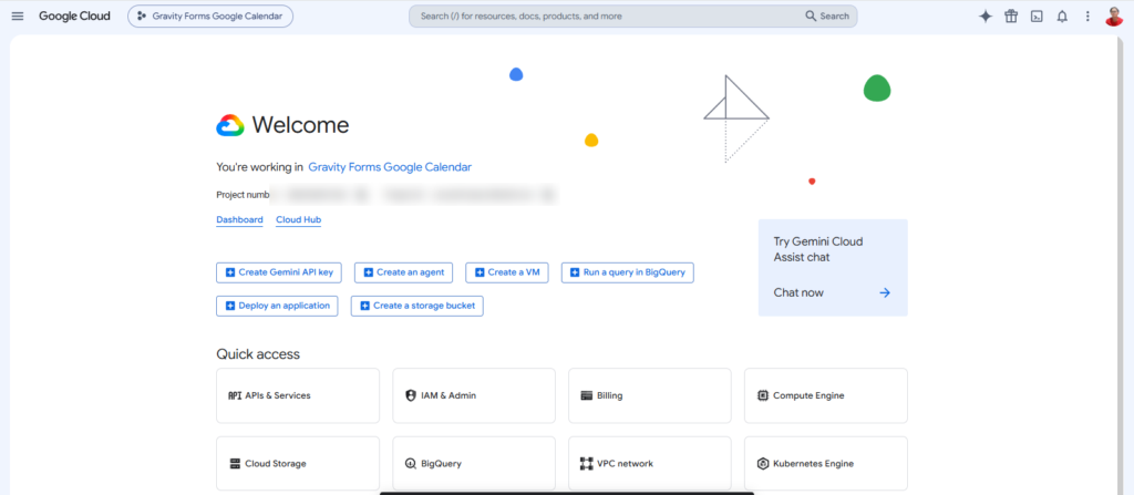 Google Cloud project dashboard for the Gravity Forms Google Calendar integration.