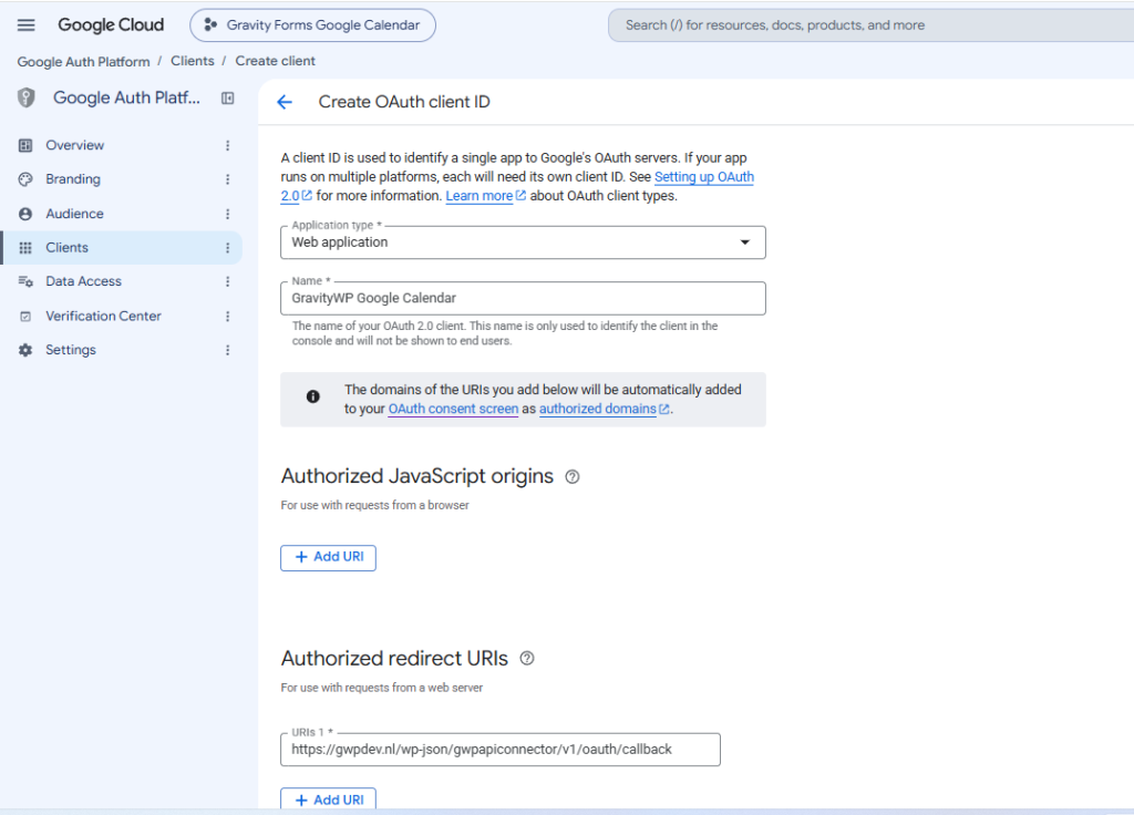 Google OAuth web application client with the GravityWP API Connector redirect URI.