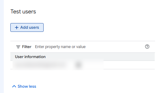 Google OAuth test user added for the Gravity Forms Google Calendar integration.